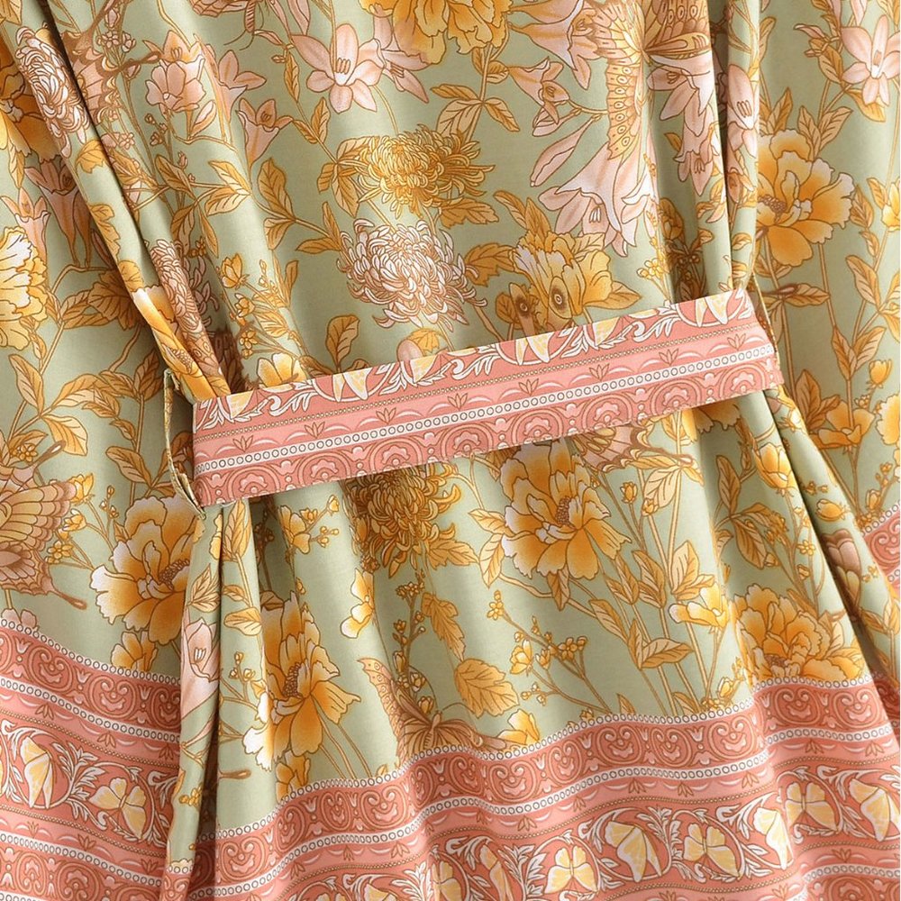 Whimsical Green Butterfly Floral Blossom Boho Kimono Robe - Picture 6 of 8